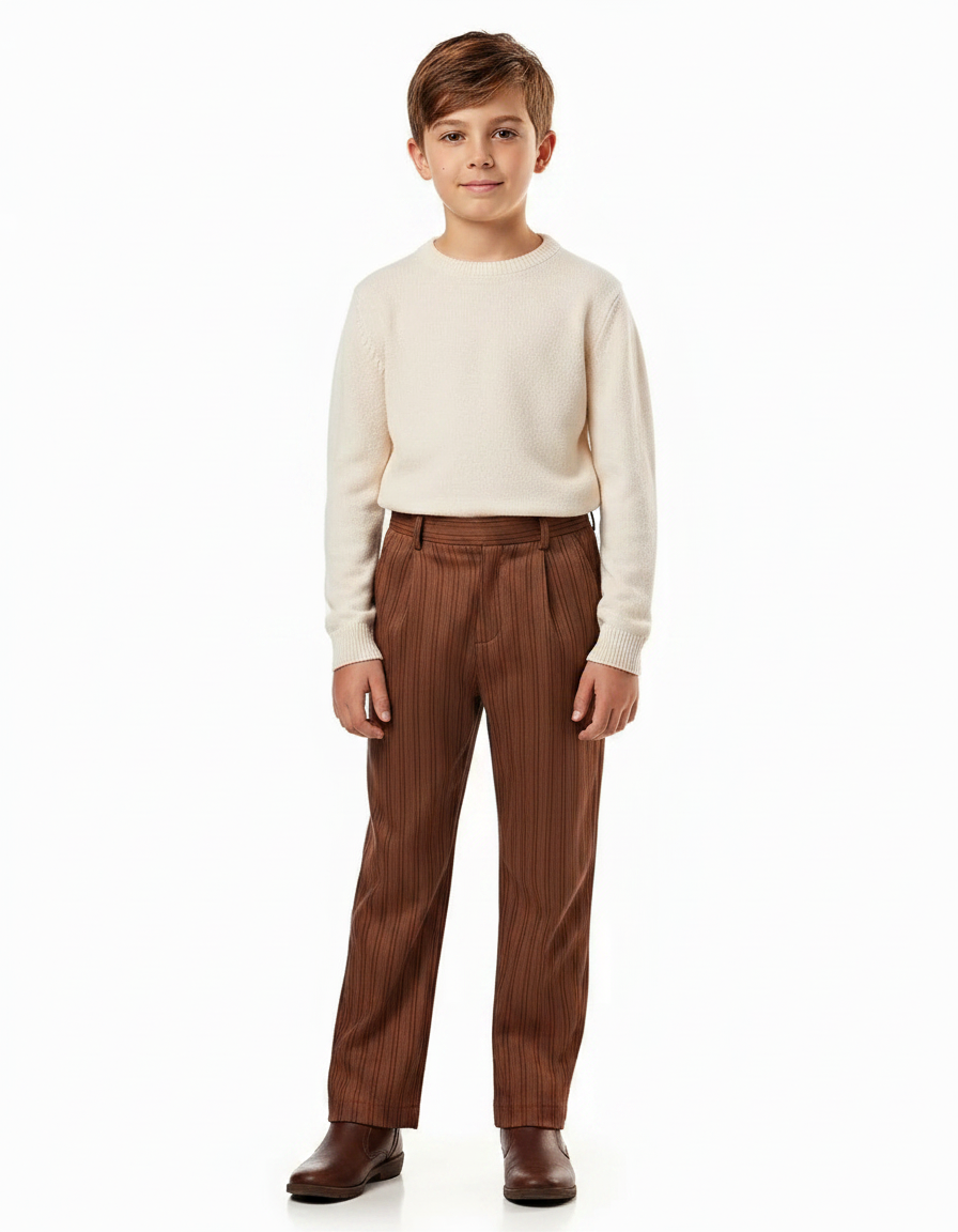 Pantalon Marron Plissé Rayé Enfant Élégant Décontracté - Polyester
