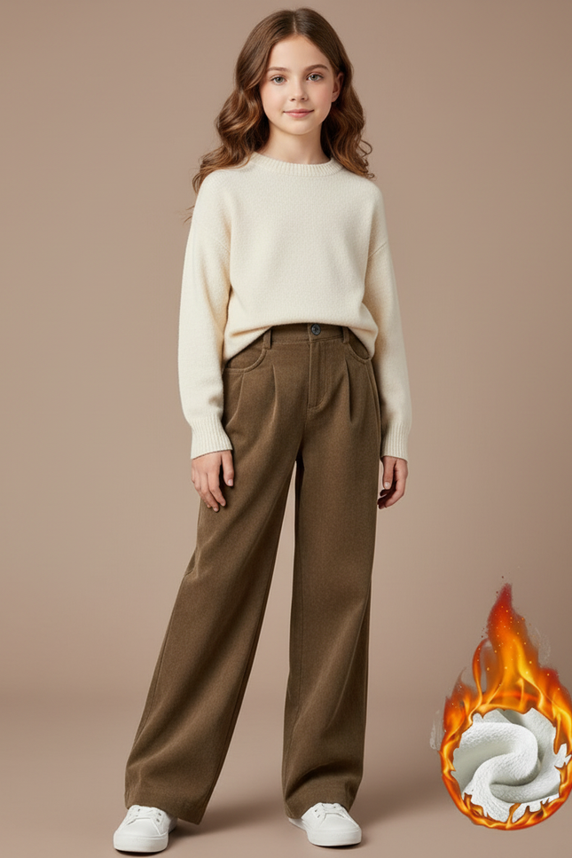 Pantalon Marron Ample Droit Taille Haute Doublé Polaire - Laine
