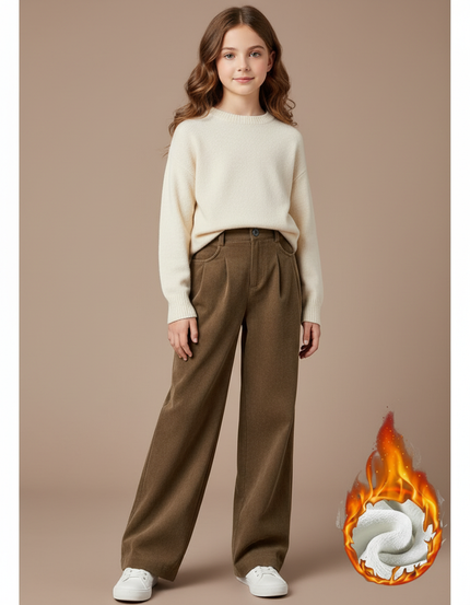 Pantalon Marron Ample Droit Taille Haute Doublé Polaire - Laine