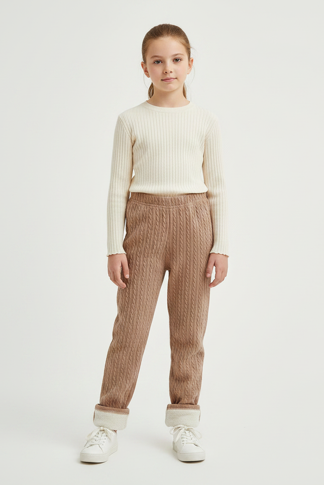 Pantalon Marron Tricoté Chaud Molletonné Fille Hiver - Maille