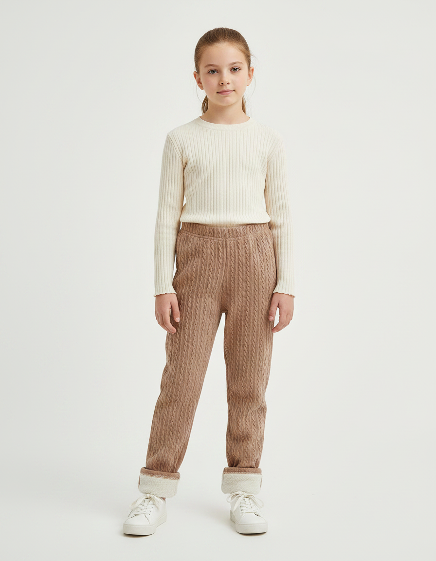Pantalon Marron Tricoté Chaud Molletonné Fille Hiver - Maille