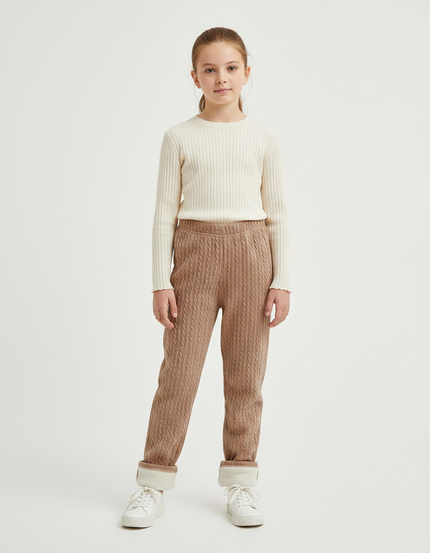 Pantalon Marron Tricoté Chaud Molletonné Fille Hiver - Maille