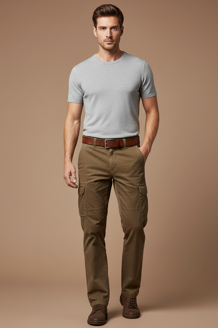 Pantalon Marron Cargo Coton Décontracté Homme Multipoches - Kaki Toile