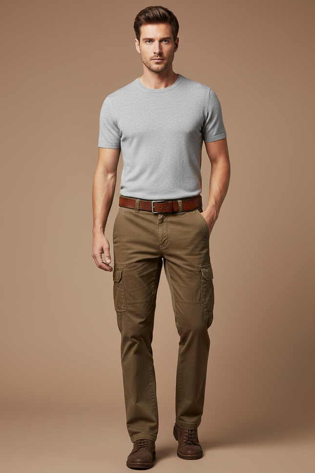 Pantalon Marron Cargo Coton Décontracté Homme Multipoches - Kaki Toile