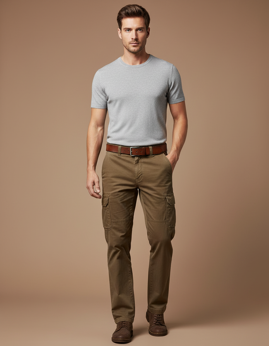 Pantalon Marron Cargo Coton Décontracté Homme Multipoches - Kaki Toile