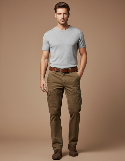 Pantalon Marron Cargo Coton Décontracté Homme Multipoches - Kaki Toile
