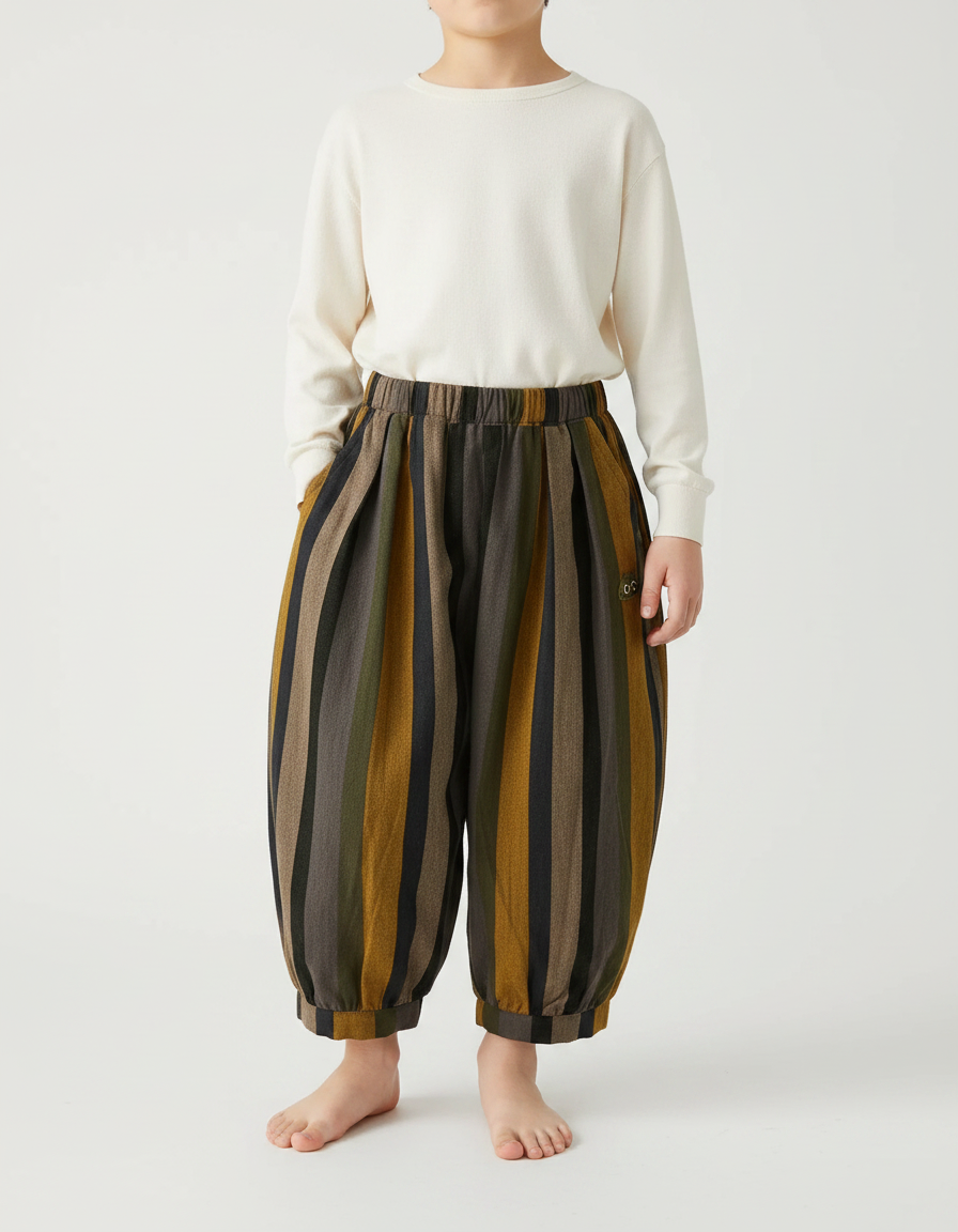 Pantalon Marron Rayé Ample Décontracté Garçon - Toile
