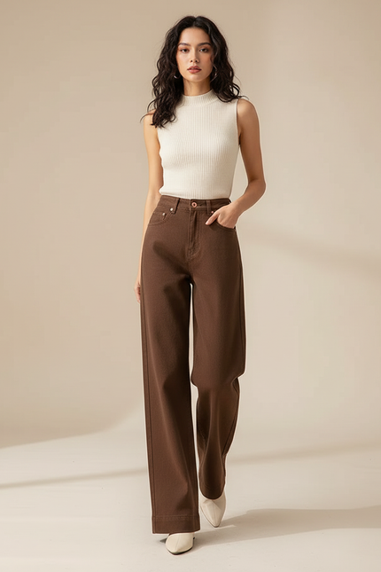 Pantalon Marron Denim Droit Taille Haute Femme - Jean