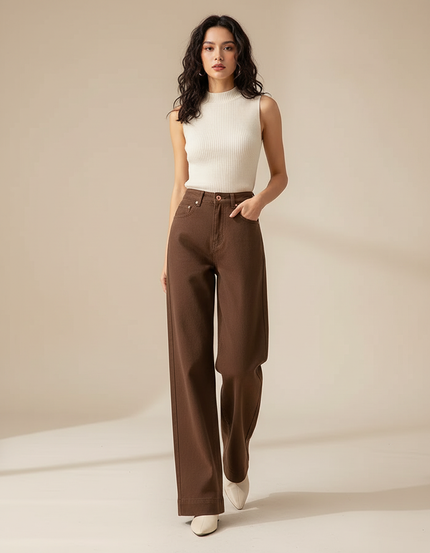 Pantalon Marron Denim Droit Taille Haute Femme - Jean
