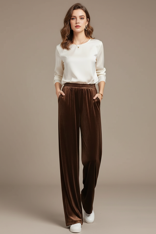 Pantalon Marron Velours Droit Ample Élégant Femme