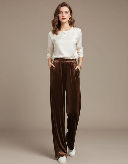 Pantalon Marron Velours Droit Ample Élégant Femme