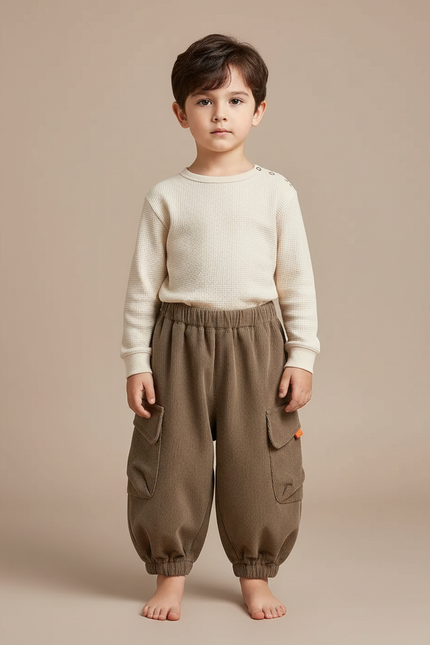Pantalon Marron Côtelé Ample Cargo Élastiqué Hiver Enfant - Cordé
