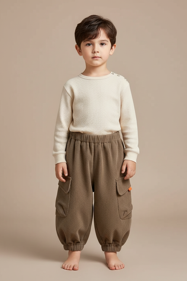 Pantalon Marron Côtelé Ample Cargo Élastiqué Hiver Enfant - Cordé