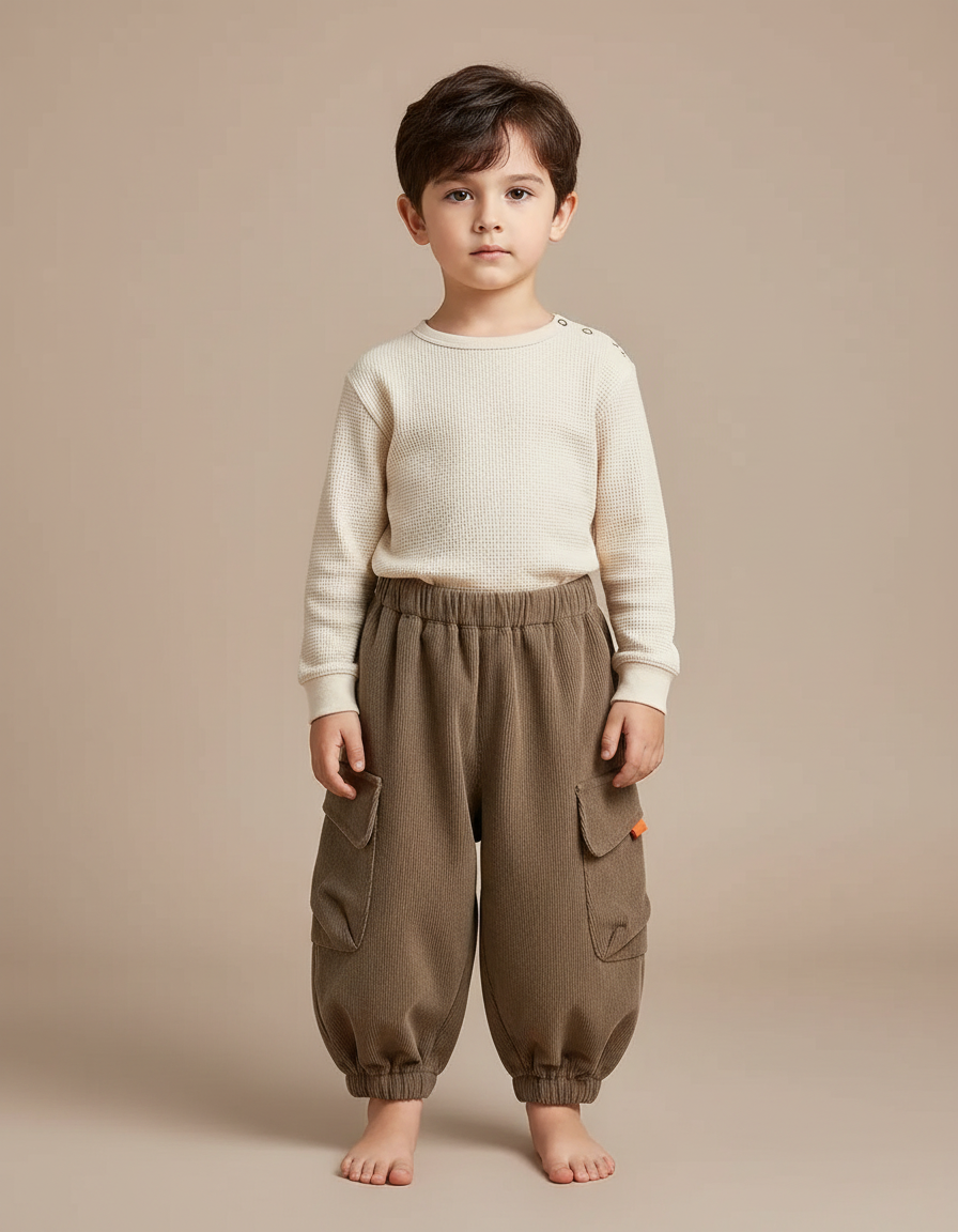 Pantalon Marron Côtelé Ample Cargo Élastiqué Hiver Enfant - Cordé