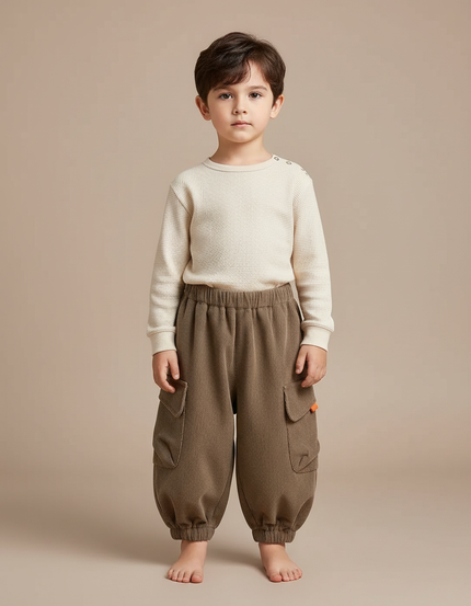 Pantalon Marron Côtelé Ample Cargo Élastiqué Hiver Enfant - Cordé