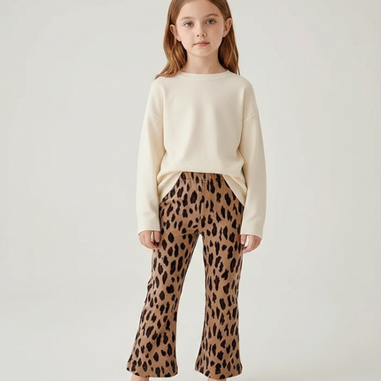 Pantalon Marron Léopard Évasé Confortable Enfant - Molleton