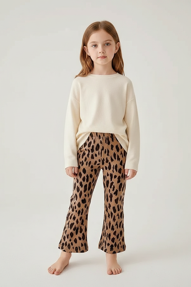 Pantalon Marron Léopard Évasé Confortable Enfant - Molleton