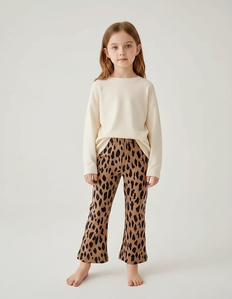 Pantalon Marron Léopard Évasé Confortable Enfant - Molleton