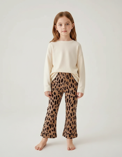 Pantalon Marron Léopard Évasé Confortable Enfant - Molleton