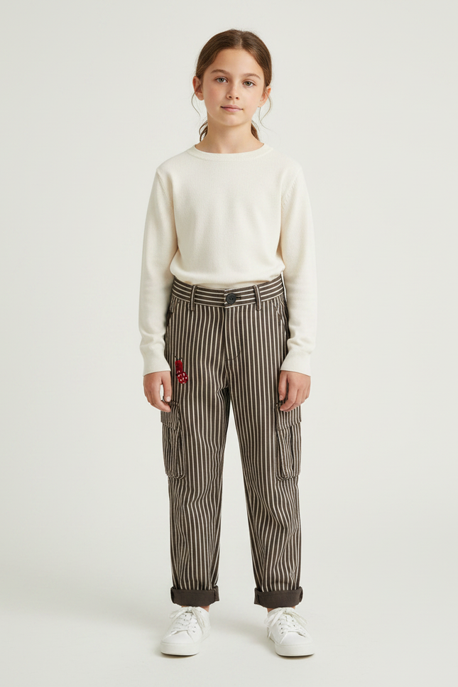 Pantalon Marron Rayé Cargo Coton Ample Enfant