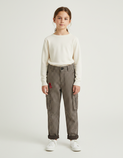Pantalon Marron Rayé Cargo Coton Ample Enfant