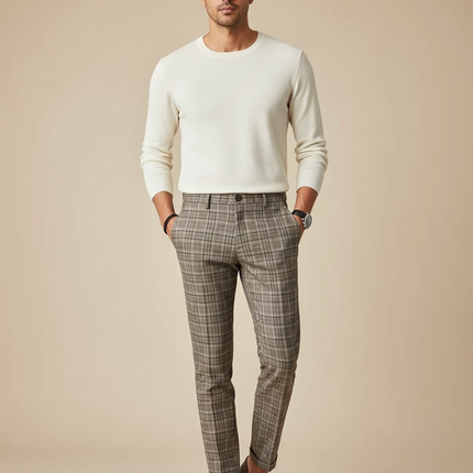 Pantalon Marron À Carreaux Slim Tapered Élégant Homme - Tweed