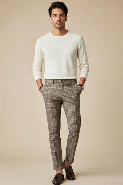 Pantalon Marron À Carreaux Slim Tapered Élégant Homme - Tweed