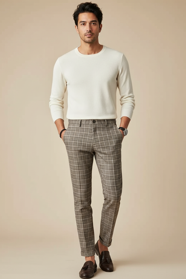 Pantalon Marron À Carreaux Slim Tapered Élégant Homme - Tweed