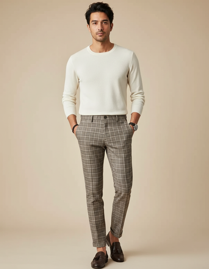 Pantalon Marron À Carreaux Slim Tapered Élégant Homme - Tweed