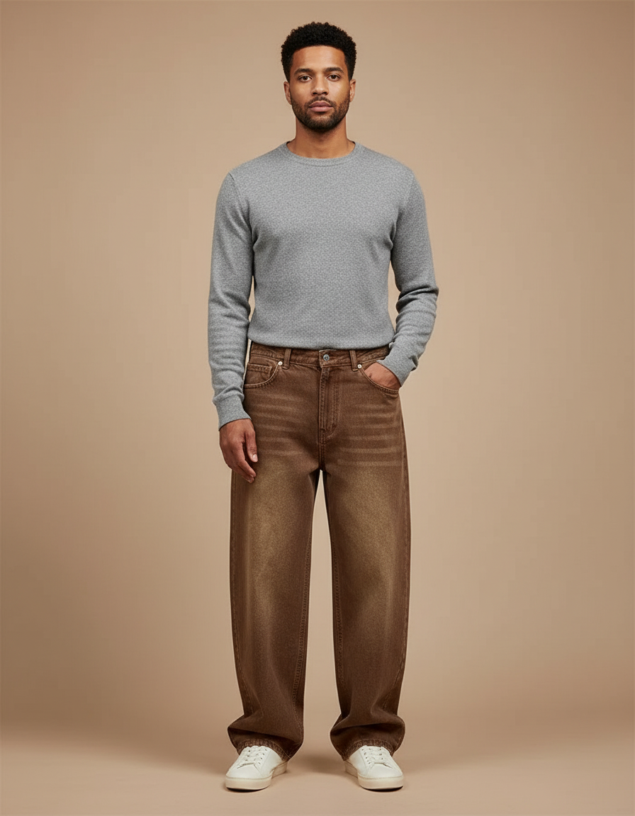 Pantalon Marron Baggy Vintage Délavé Homme - Jean