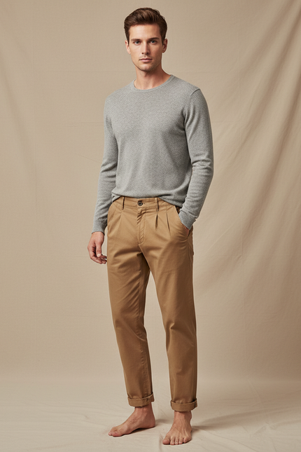 Pantalon Marron Plissé Décontracté Vintage Homme - Coton