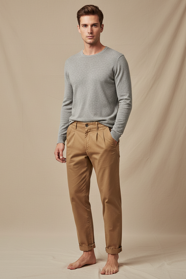 Pantalon Marron Plissé Décontracté Vintage Homme - Coton