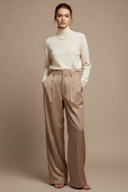 Pantalon Marron Satiné Large Taille Haute Fluide - Beige