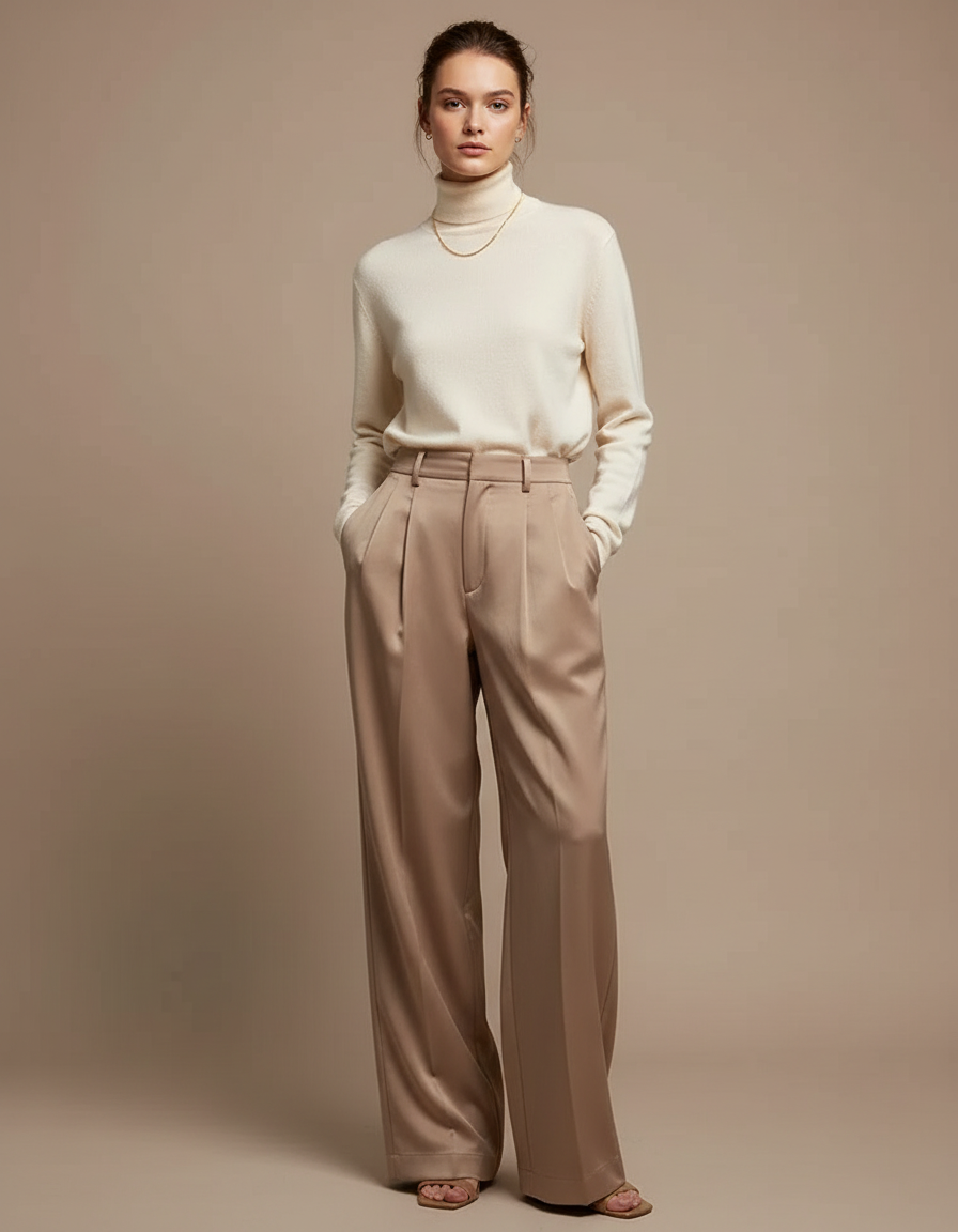Pantalon Marron Satiné Large Taille Haute Fluide - Beige