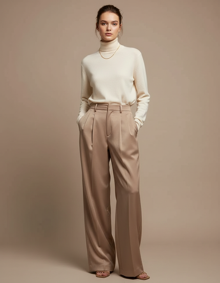 Pantalon Marron Satiné Large Taille Haute Fluide - Beige