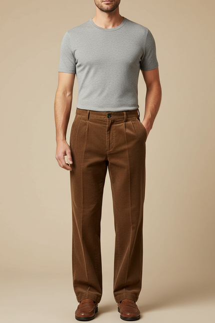 Pantalon Marron Côtelé Ample Décontracté Homme Élégant - Cordé