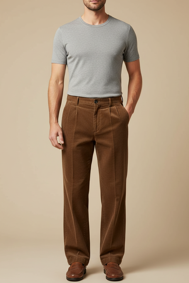 Pantalon Marron Côtelé Ample Décontracté Homme Élégant - Cordé