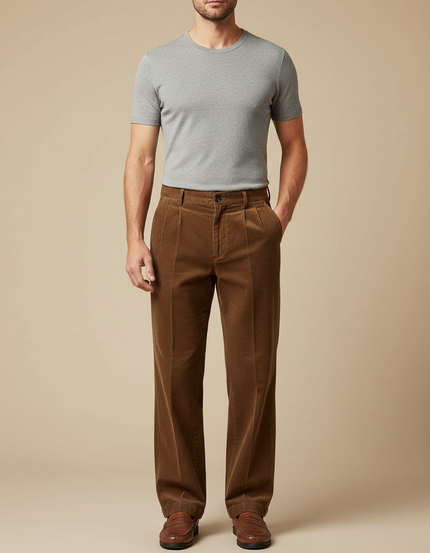 Pantalon Marron Côtelé Ample Décontracté Homme Élégant - Cordé