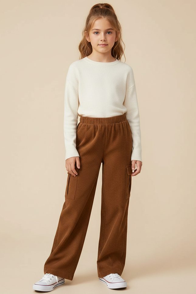 Pantalon Marron Côtelé Ample Décontracté Poches Fille - Cordé
