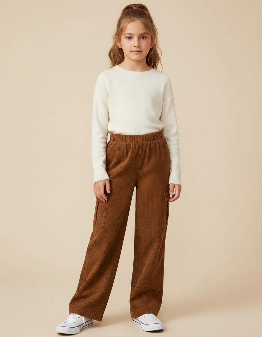 Pantalon Marron Côtelé Ample Décontracté Poches Fille - Cordé