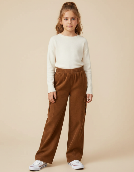 Pantalon Marron Côtelé Ample Décontracté Poches Fille - Cordé
