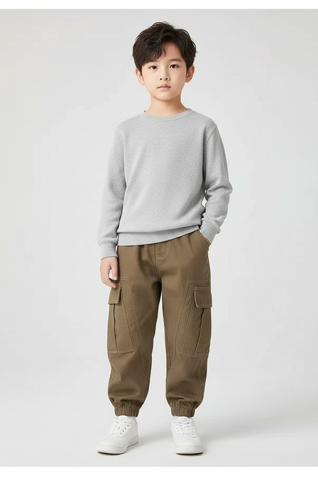 Pantalon Marron Cargo Coton Garçon Jogger Décontracté - Kaki