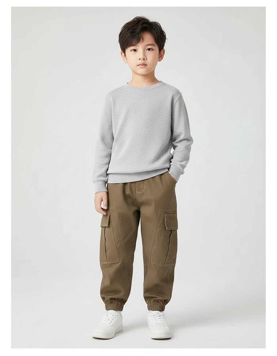 Pantalon Marron Cargo Coton Garçon Jogger Décontracté - Kaki
