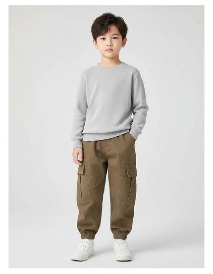Pantalon Marron Cargo Coton Garçon Jogger Décontracté - Kaki