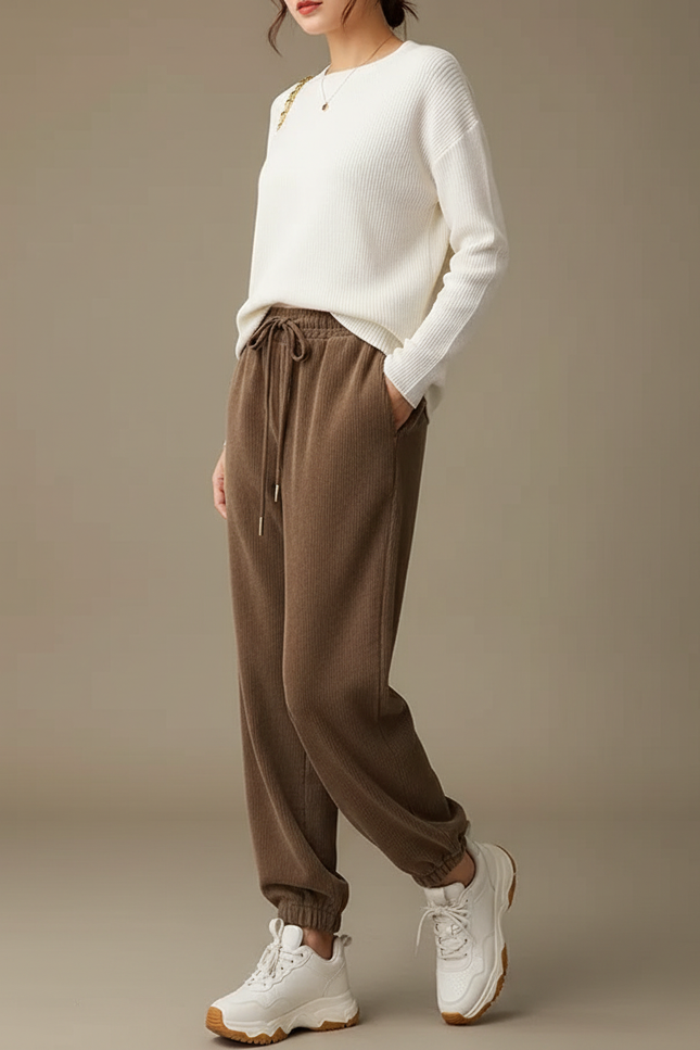 Pantalon Marron Côtelé Ample Décontracté Élégant - Cordé