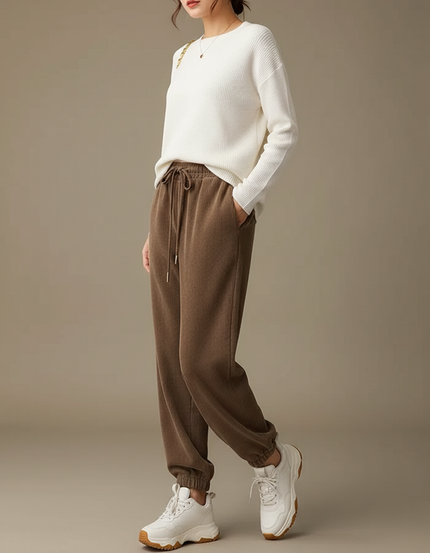 Pantalon Marron Côtelé Ample Décontracté Élégant - Cordé