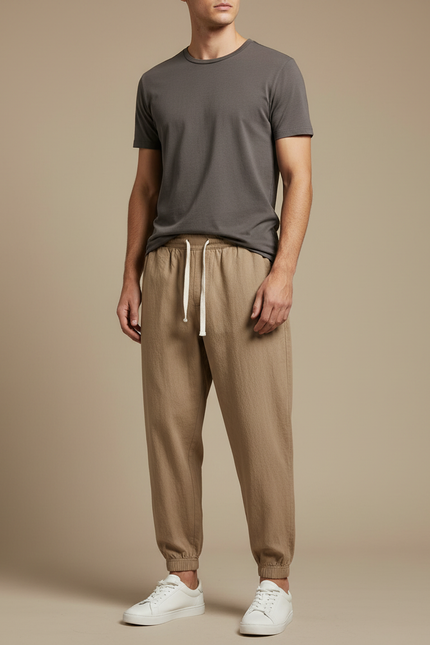 Pantalon Marron Ample Décontracté Cordon Homme - Lin