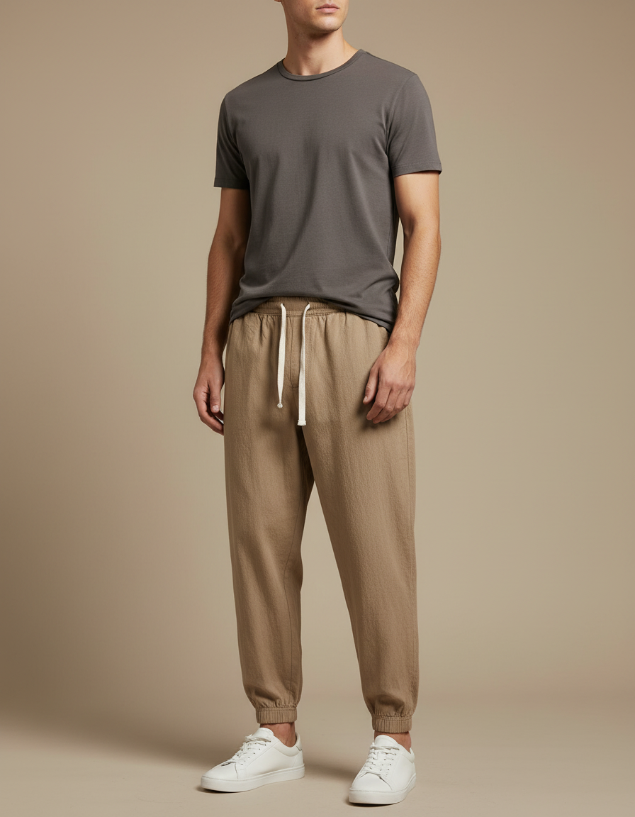 Pantalon Marron Ample Décontracté Cordon Homme - Lin