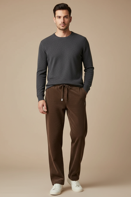 Pantalon Marron Côtelé Droit Cordon Décontracté Homme - Cordé