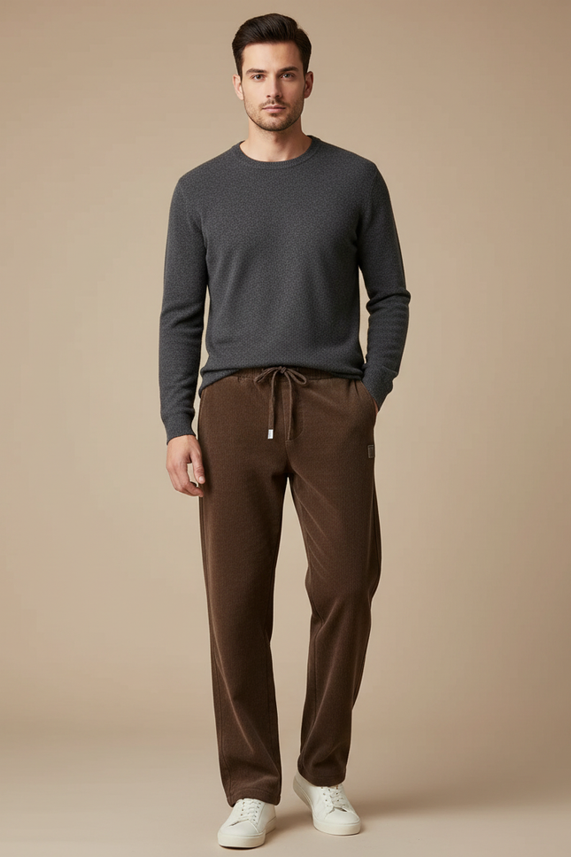 Pantalon Marron Côtelé Droit Cordon Décontracté Homme - Cordé